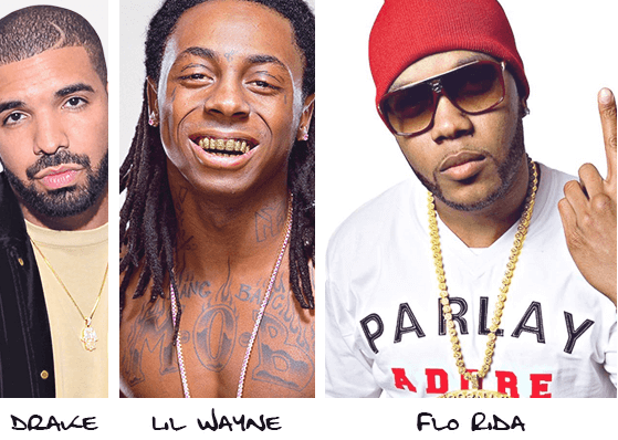 Collage of rappers: Drake, Lil' Wayne and Flo-rida