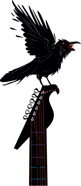 Crow with flapping wings on a guitar handle graphic