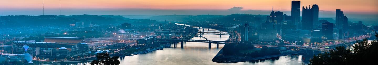 Aerial view of downtown Pittsburgh at dusk