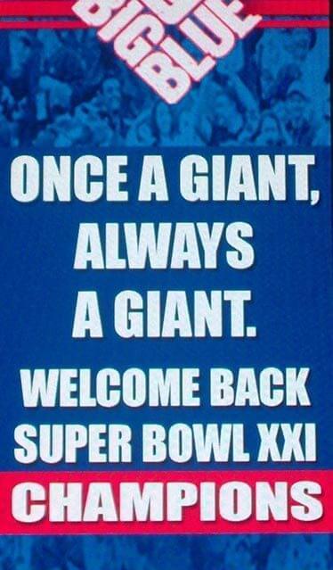 Welcome back sign at giants super bowl party