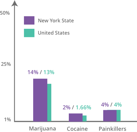 Graph of Past Year Substance Use, Ages 12 and older, New York, 2013-2014