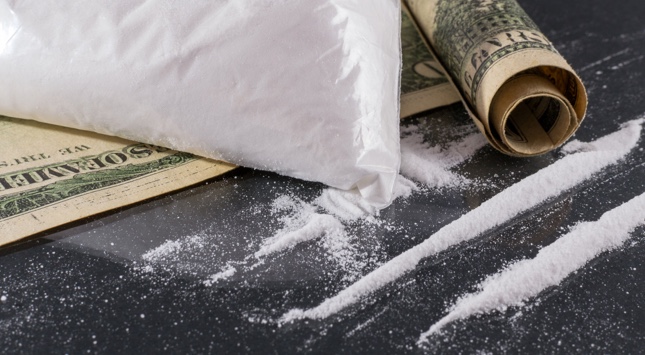  Dollar bills rolled up by lines of cocaine