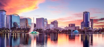 Orlando city skyline with skyscrapers at sunset