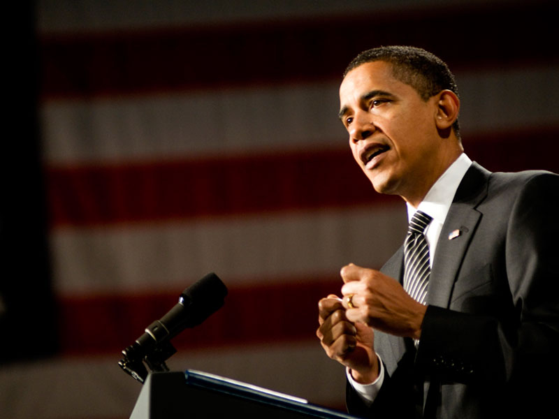 President Barack Obama speaking at the podium