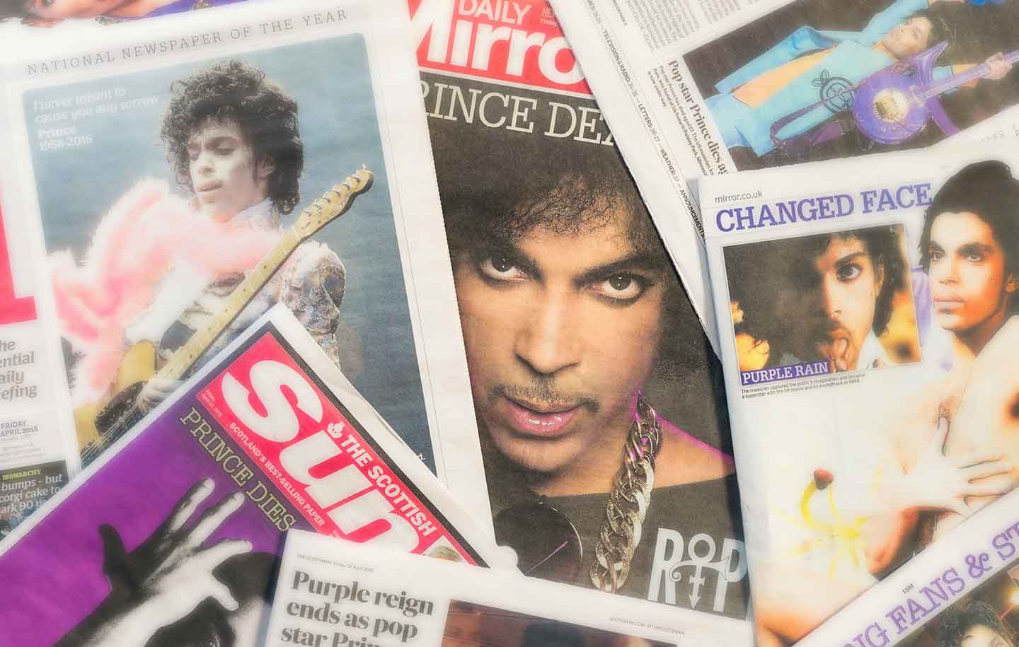 Collage of newspaper and magazine articles about Prince
