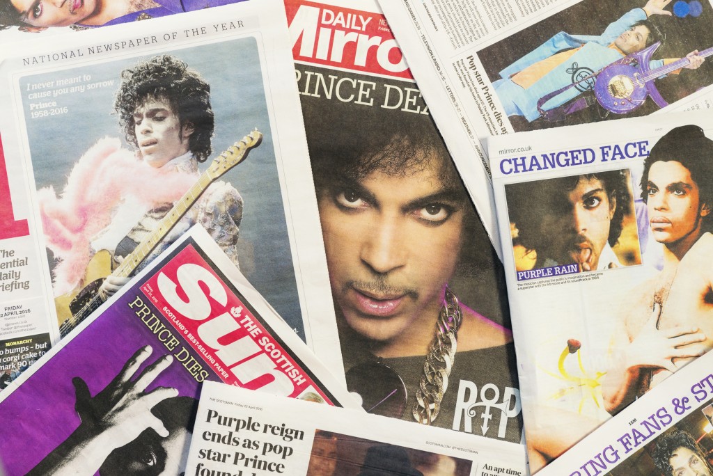 Collage of newspaper and magazine articles about Prince