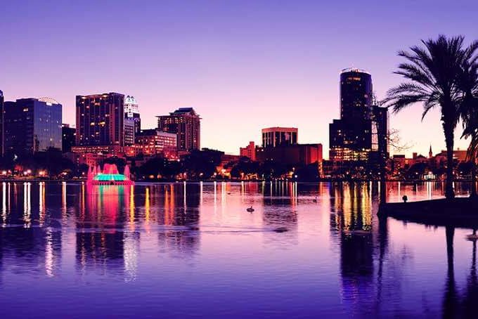 Orlando city skyline with skyscrapers at night